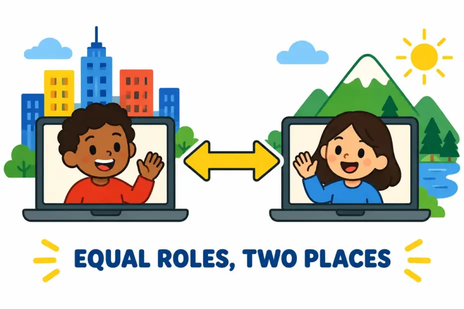 Two cartoon officials in different cities wave to each other on screens, showing counterpart in a sentence as matching roles.
