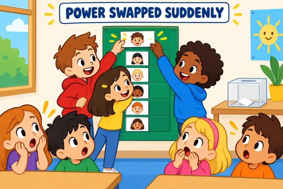 Cartoon pupils swap a leader card on a classroom job chart while a ballot box sits unused, illustrating coup in a sentence.