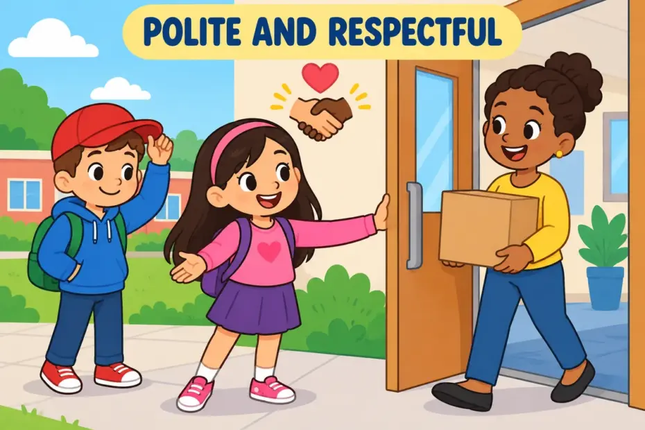 Cartoon children hold a door and greet a visitor, showing courtesy in a sentence as polite behaviour that shows respect.