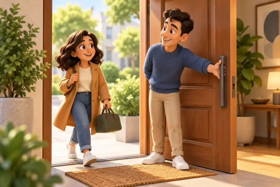 A person offers a considerate door-opening gesture.