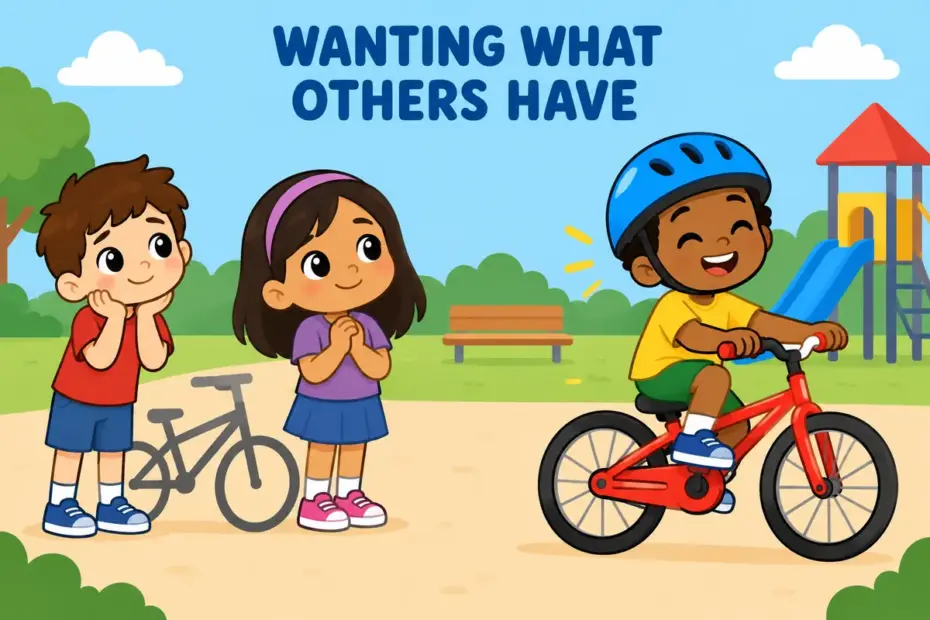 Cartoon children look longingly at a classmate riding a new bicycle, showing covet in a sentence as envious desire.
