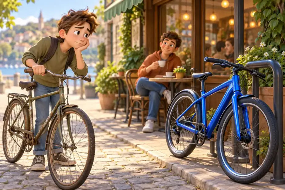 A person gazing wistfully at a friend’s shiny bicycle outside a cafe.
