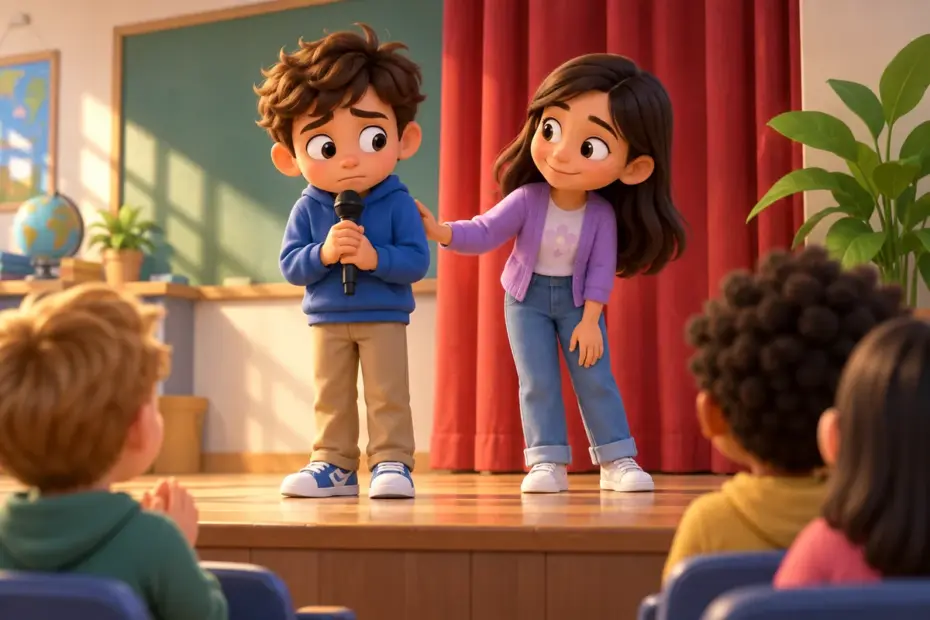 A nervous student pauses before speaking on a small classroom stage.
