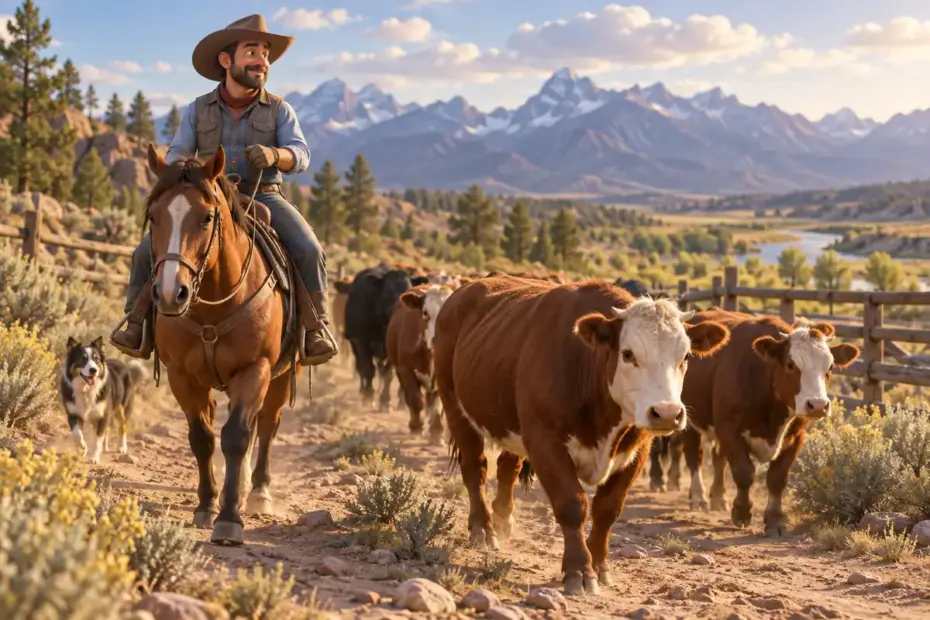 A ranch worker guides cattle through a pasture gate.