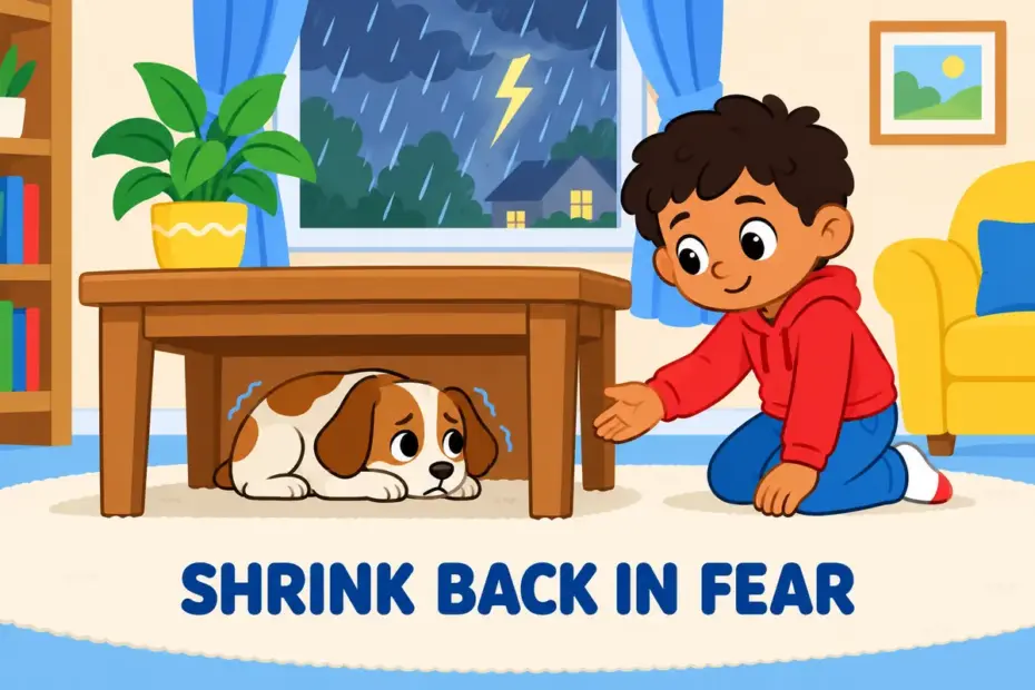 A cartoon puppy cowers under a table during a thunderstorm, showing cower in a sentence as shrinking back in fear.
