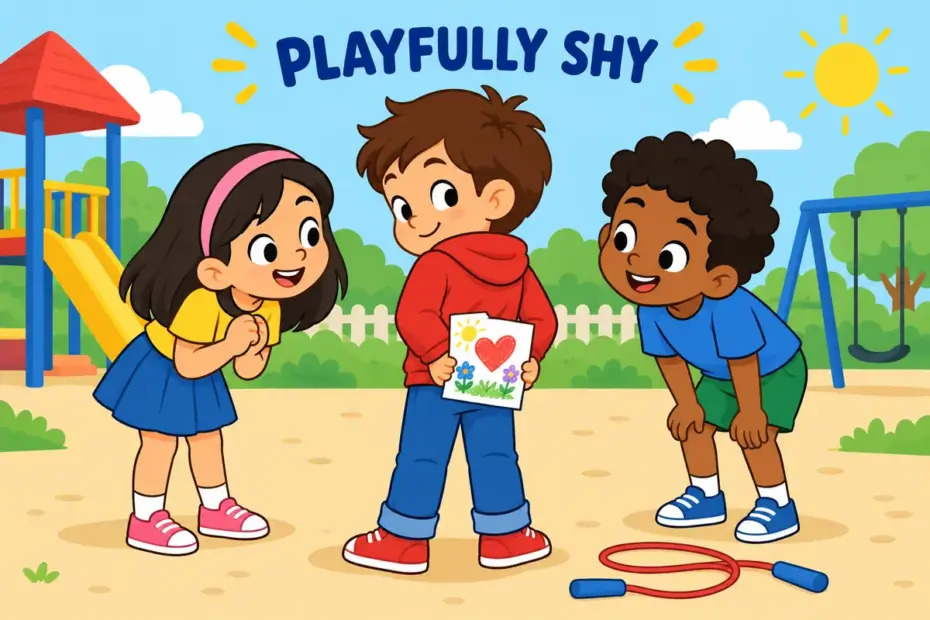 Cartoon children hide a picture behind their backs with a playful grin, showing coy in a sentence as playful shyness.
