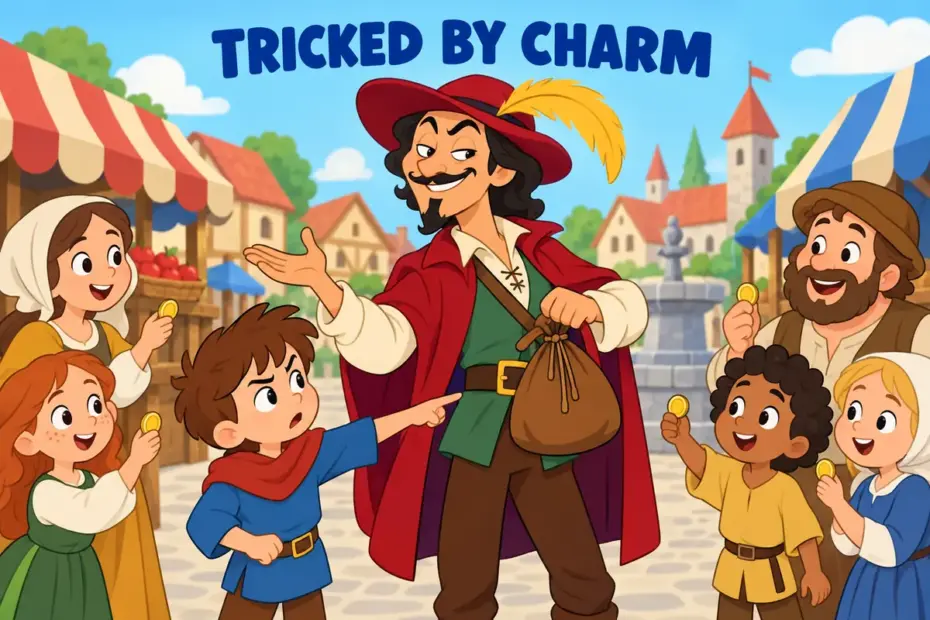 Cartoon villagers listen as a sly travelling pedlar spins a tall tale to cozen them of their coins.