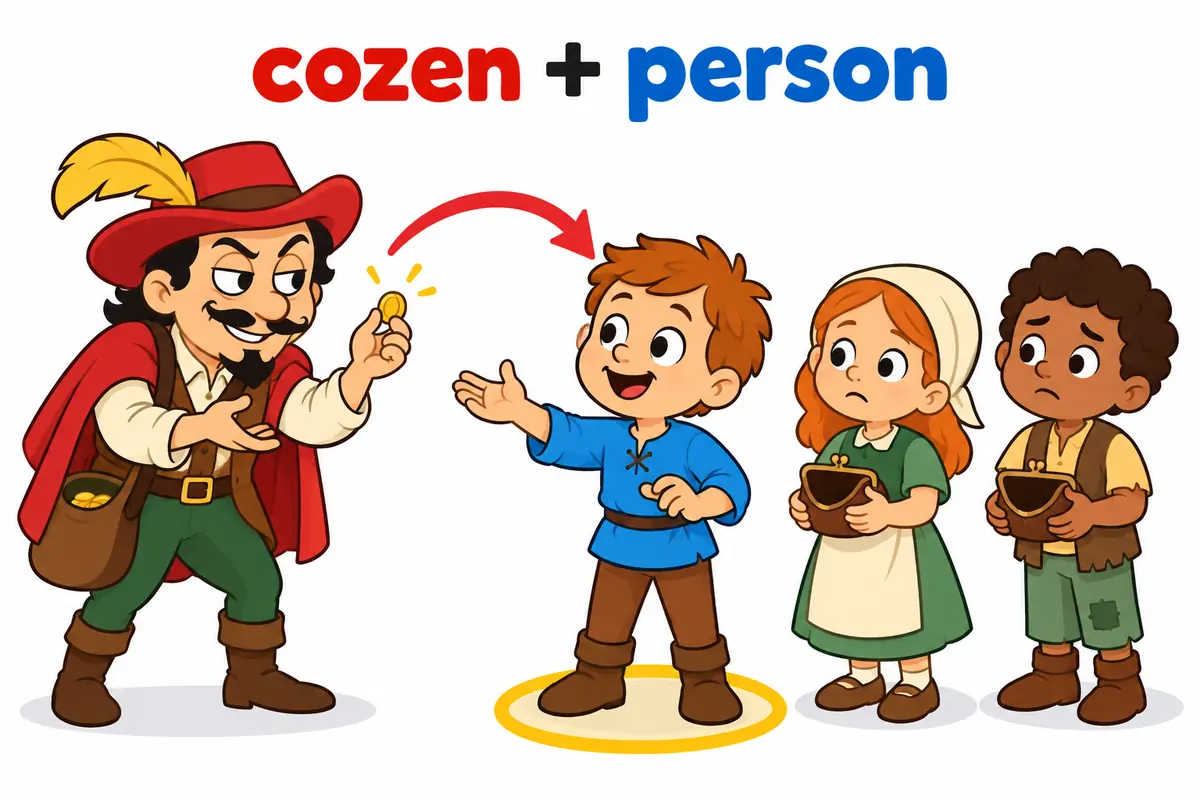A cartoon smooth-talking pedlar charms coins from a group of villagers, showing cozen in a sentence as cheating by flattery.