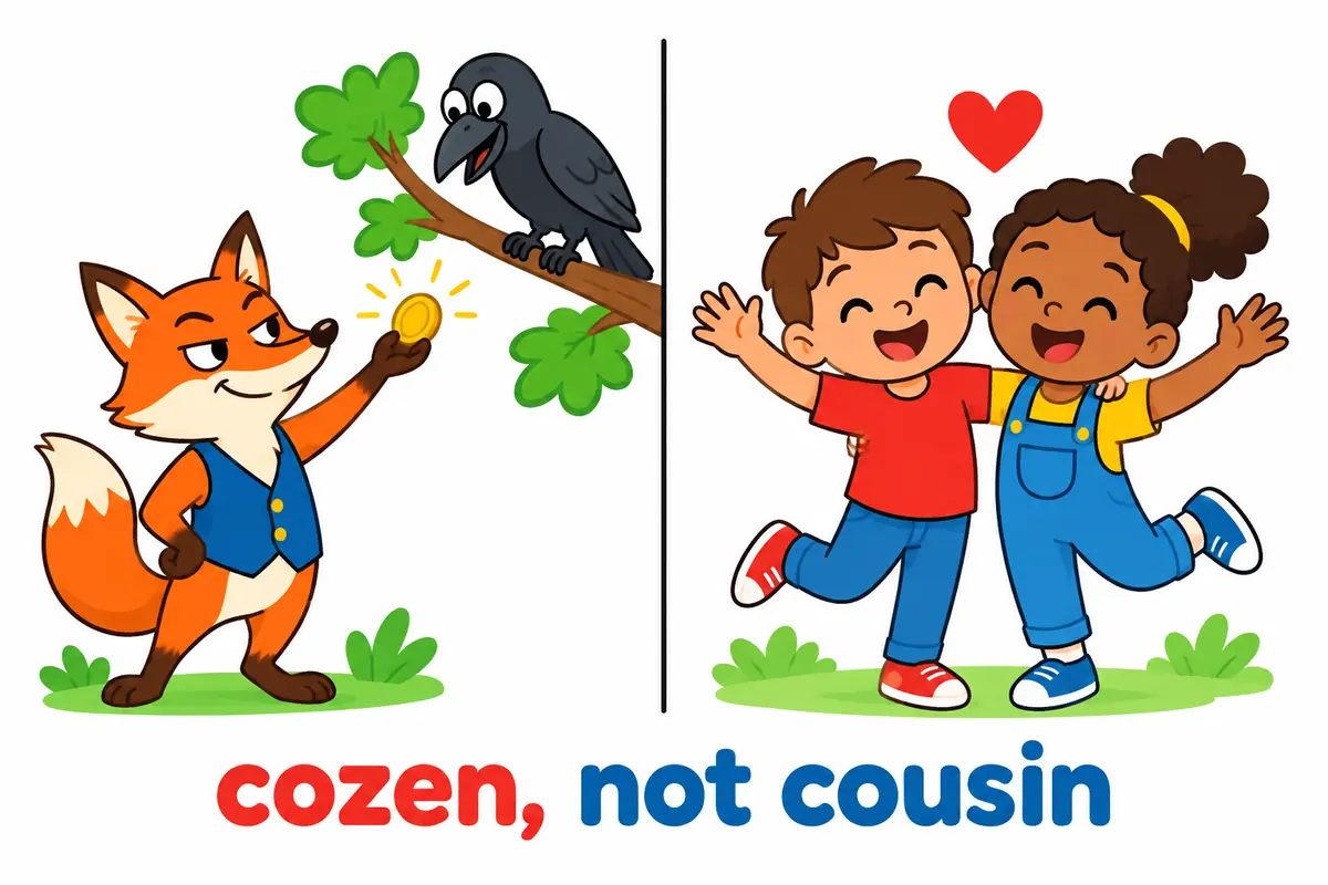 A cartoon split scene contrasts a sly fox tricking a crow with a picture of two relatives waving hello.