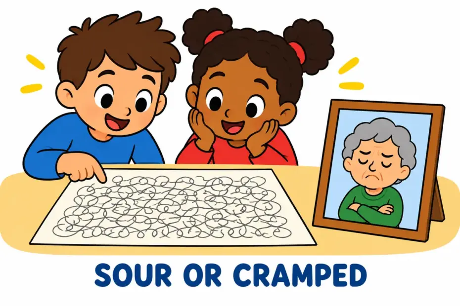 Cartoon children study a tiny tangled note and a frowning old face, showing crabbed in a sentence as both cramped writing and sour temper.