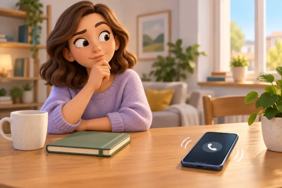 A smartphone rings beside a notebook while its owner pauses before answering.