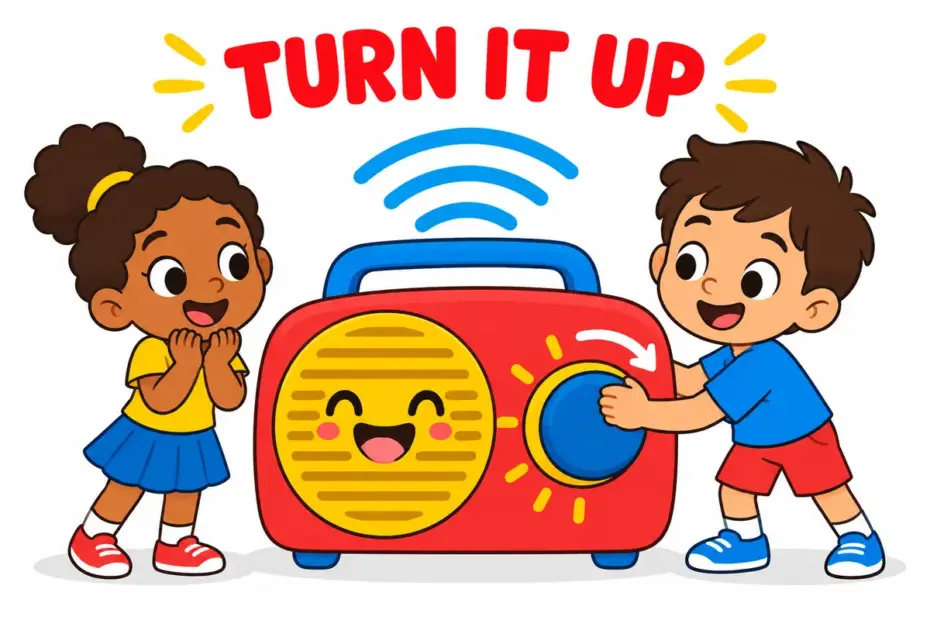 Cartoon children turn the dial of a big cartoon radio, showing crank up in a sentence as raising a level.