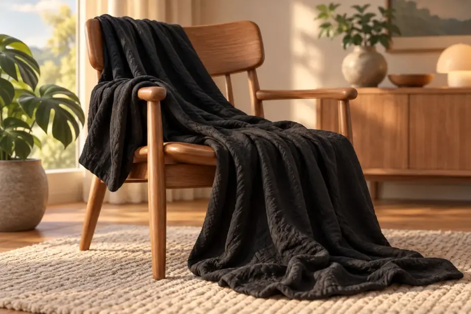 Black crinkled fabric draped over a wooden chair.