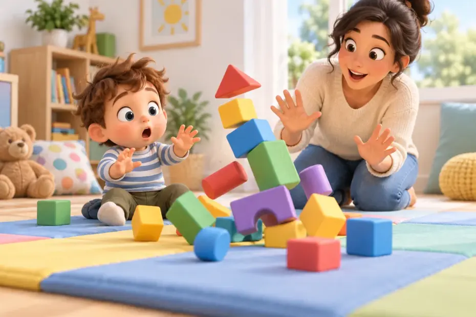 Colorful toy blocks tumble onto a soft play mat.