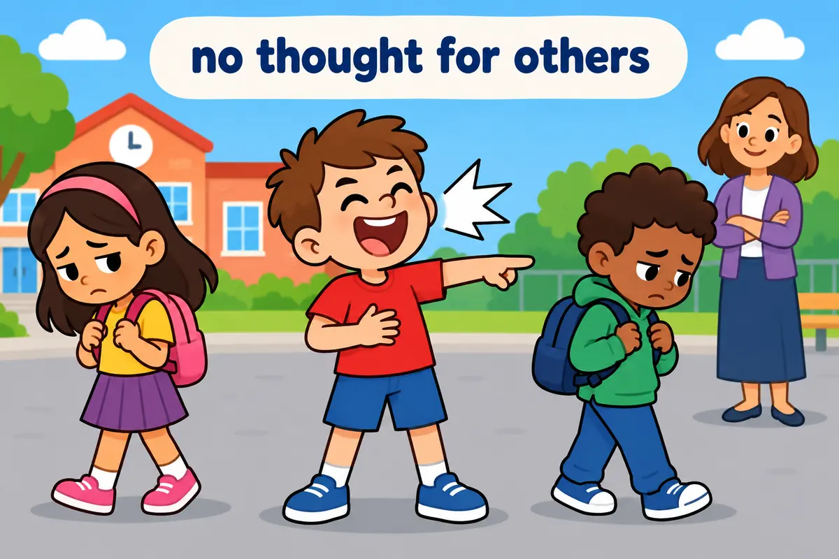 A cartoon child makes a thoughtless joke while two friends frown and turn away, showing crass in a sentence as hurtful insensitivity.