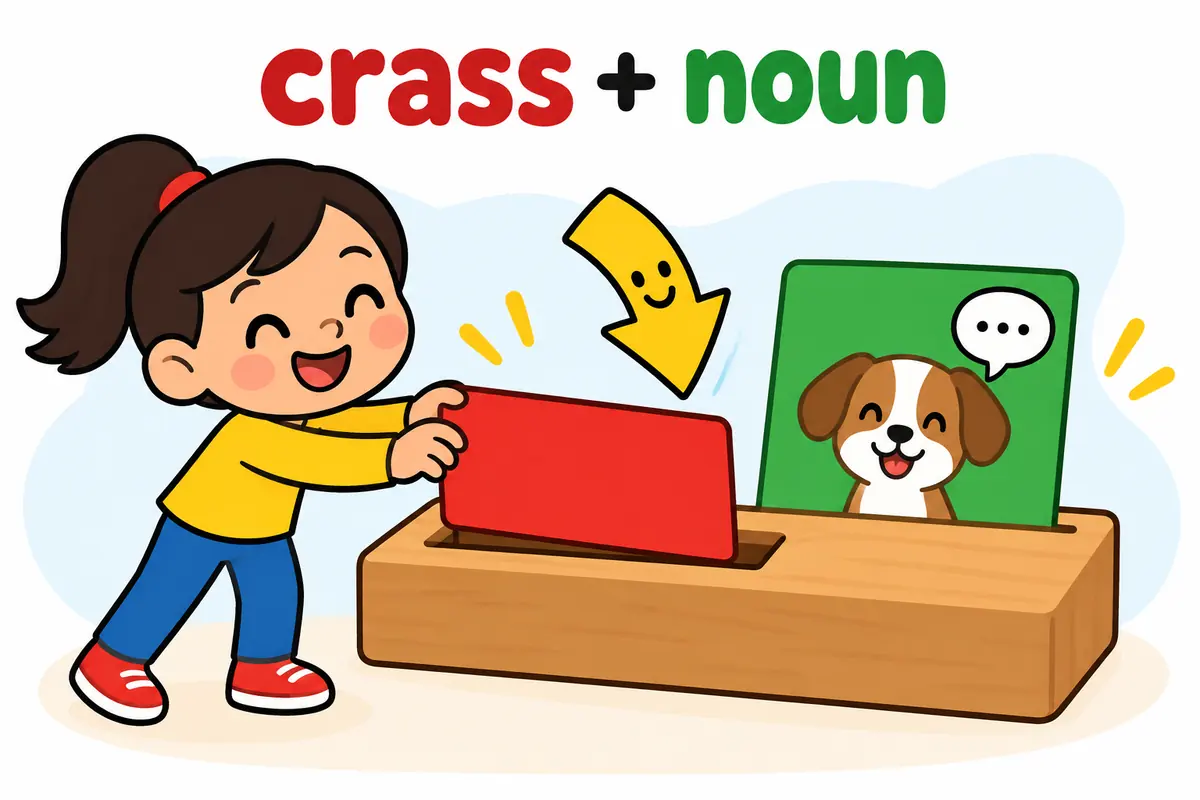 A cartoon child slots a red adjective card into the empty space before a noun card on a wide board.