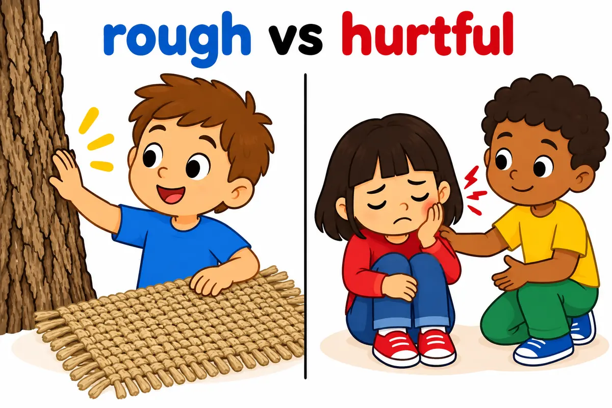 A split cartoon shows a child touching tree bark beside a woven mat, while a friend comforts a classmate hurt by a joke.