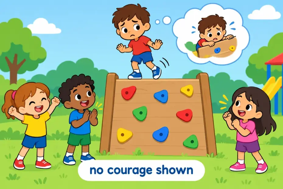 Cartoon child steps back from a climbing wall while friends encourage, showing craven in a sentence as shameful fear.