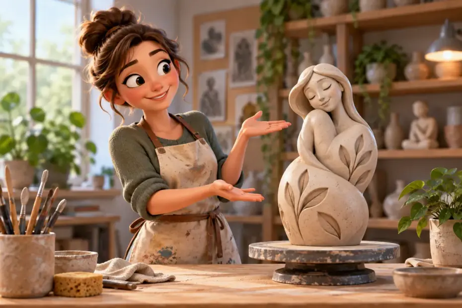 An artist presents a newly made ceramic sculpture on a studio table.