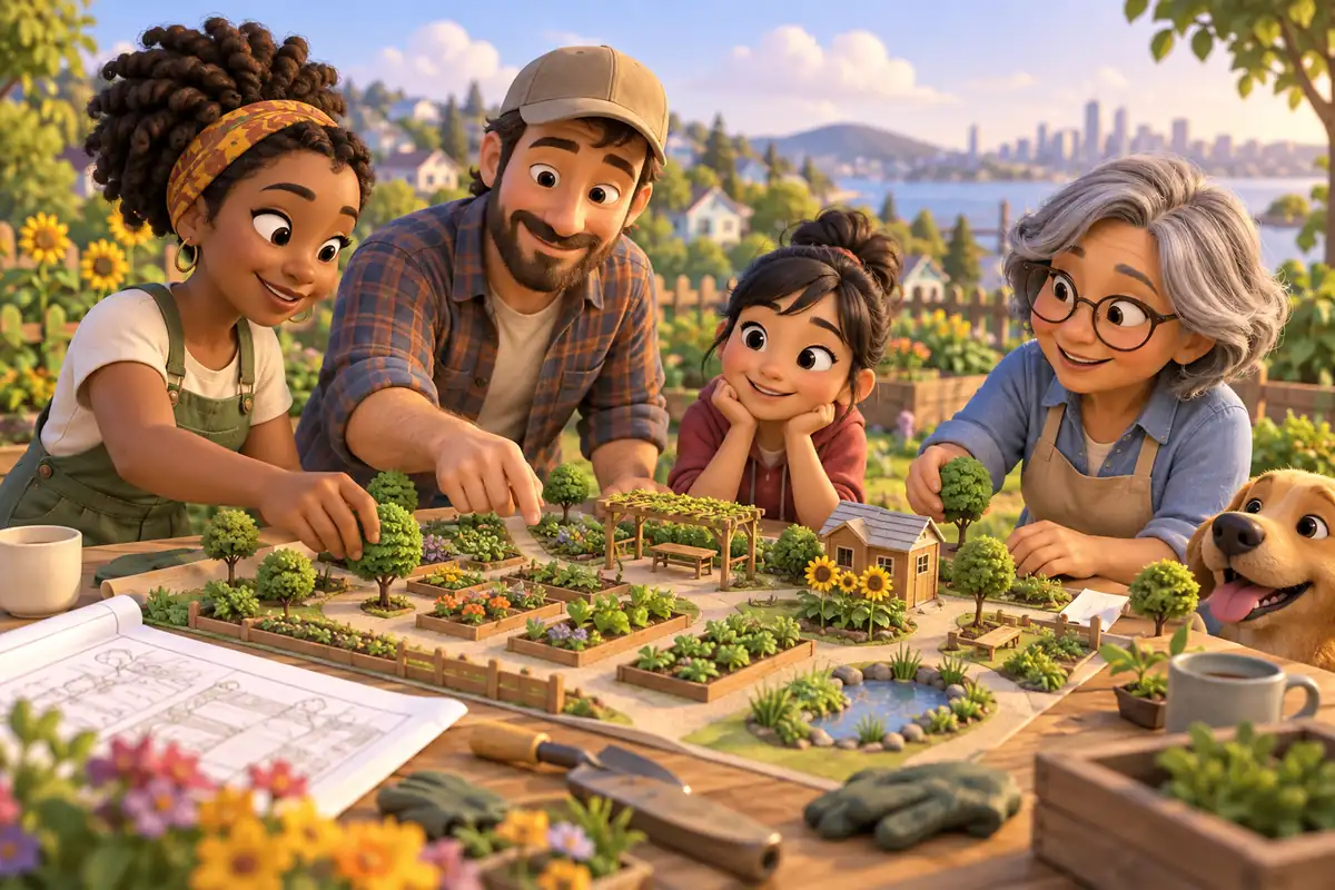A team builds a miniature community garden plan together.