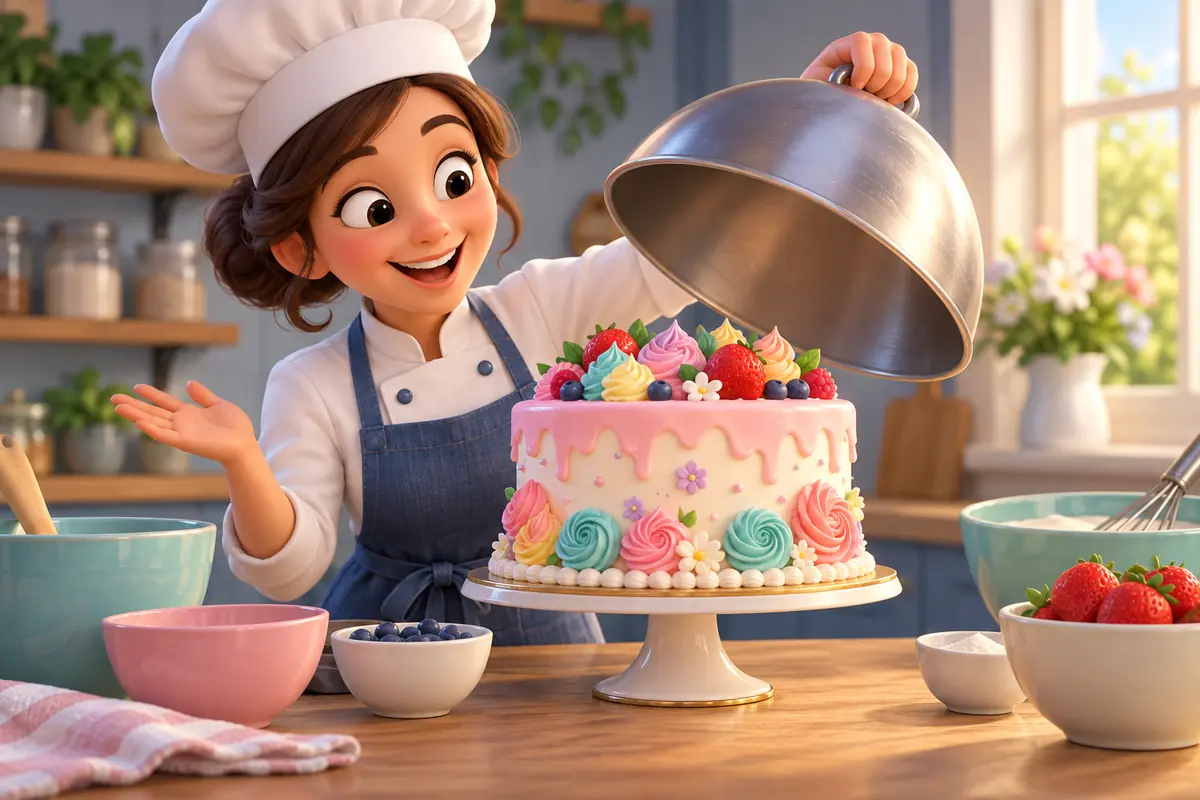 A baker reveals a colorful decorative cake beside clean mixing bowls.