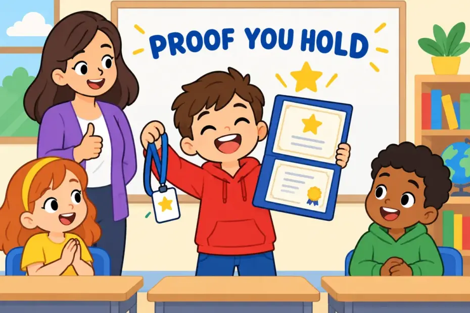Cartoon pupils show a folder of certificates and a lanyard pass at a school desk, showing credential in a sentence as proof of ability.