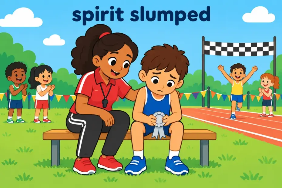 Cartoon boy sits on a bench with drooping shoulders after a race, showing crestfallen in a sentence.