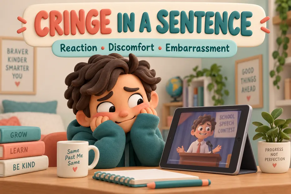 Cringe in a sentence: reaction, discomfort, and embarrassment.