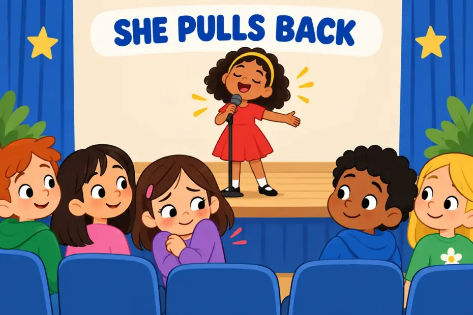 Cartoon pupils watch a classmate sing badly and one curls back with an embarrassed face, showing cringe in a sentence as a social recoil.