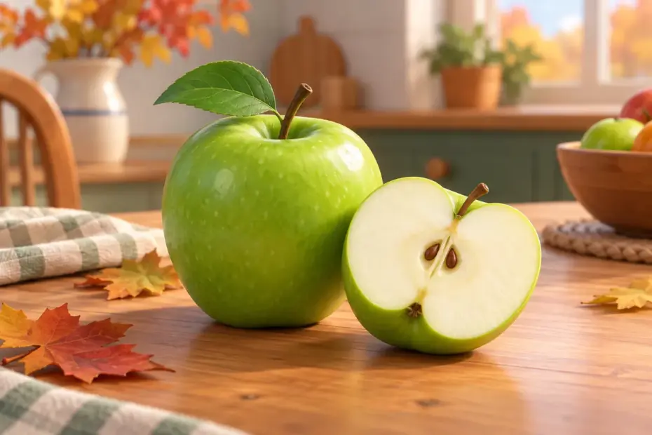 A fresh green apple cut open to show its firm crisp texture on an autumn table.