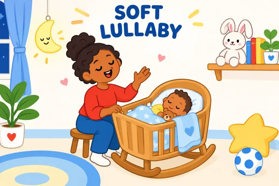 A cartoon parent rocks a sleepy baby while singing softly, showing croon in a sentence as gentle low singing.