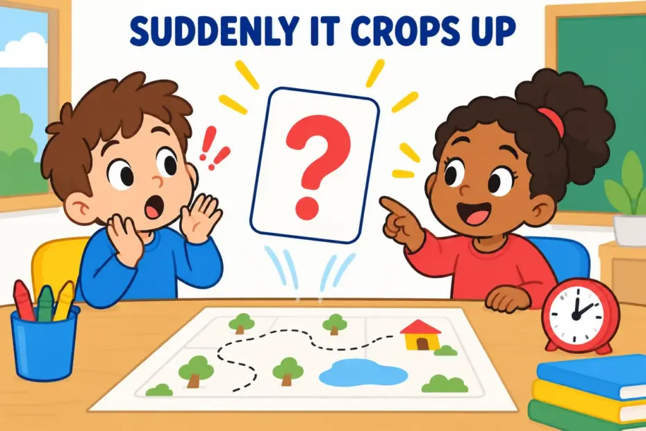 Cartoon pupils watch an unexpected problem appear mid-plan, showing crop up in a sentence as a sudden interruption.