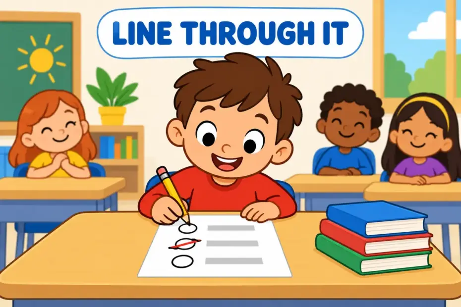 A cartoon pupil draws a line through a wrong answer, showing cross out in a sentence on a school worksheet.