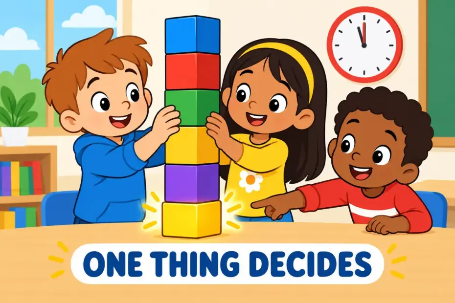 Cartoon children balance a tall block tower on a single key block, showing crucial in a sentence as the decisive factor.