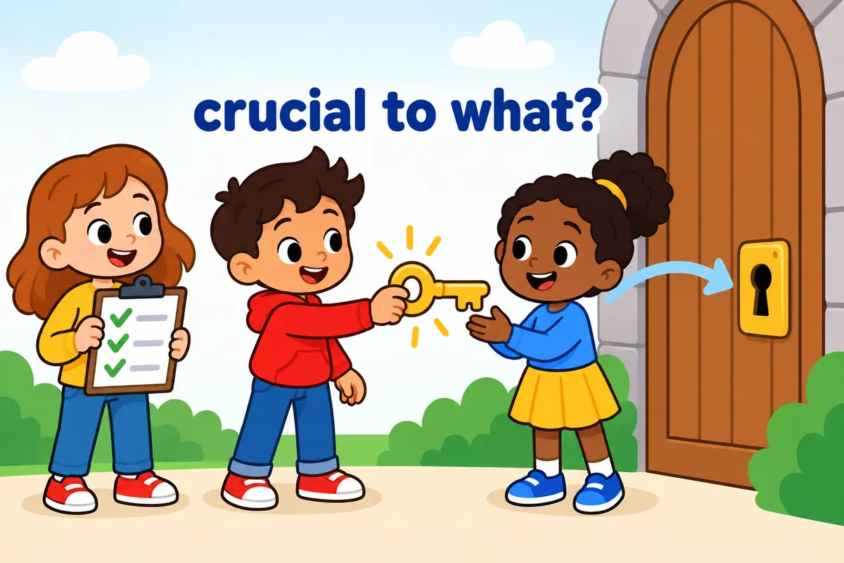 Cartoon children hand a single key from one to another beside a locked door, illustrating crucial as the one decisive thing.