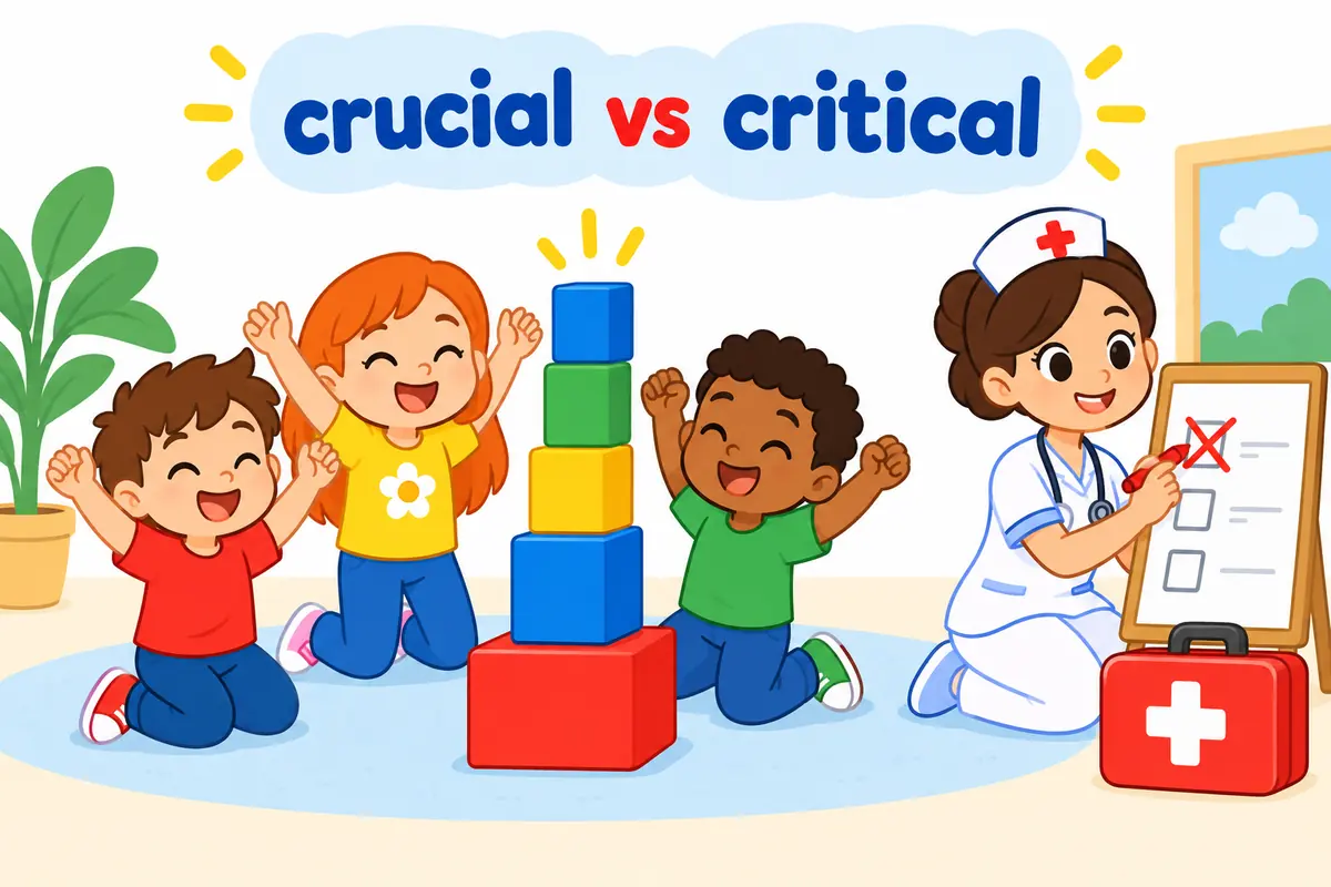 A split cartoon contrasts children balancing a tower on one key block with a nurse marking a warning chart.