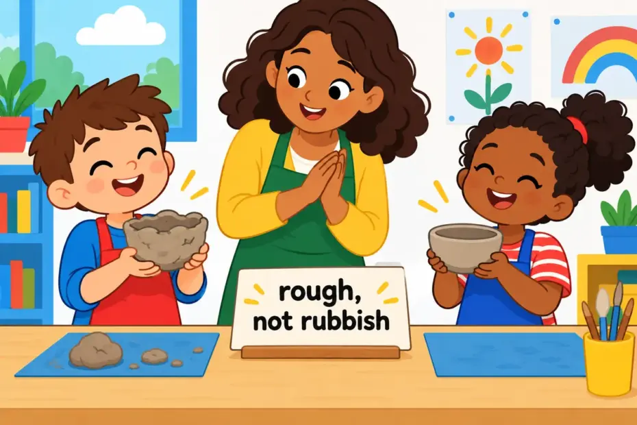 Cartoon children hold up a lopsided clay bowl beside a neat one, showing crude in a sentence as rough, unpolished work.