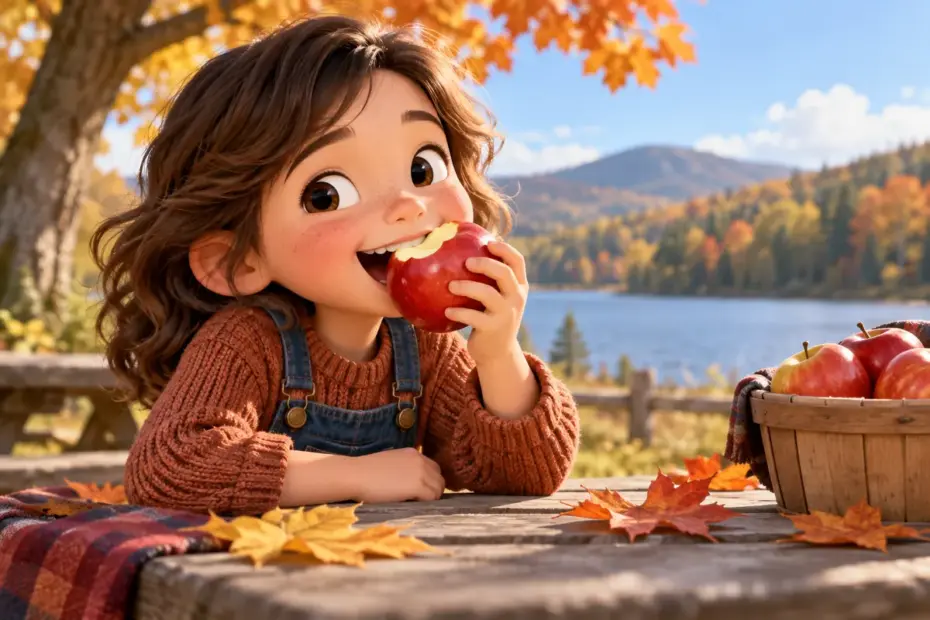A child bites into a crisp apple at a picnic table.