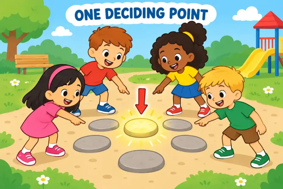 Cartoon pupils gather around one glowing stepping stone at the centre of a path, showing crux in a sentence as the decisive point.