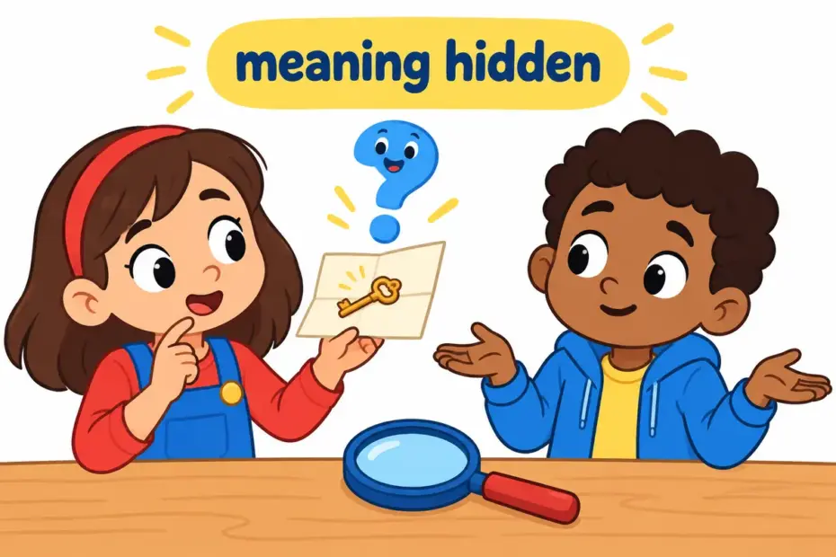 Cartoon child studies a sealed note with a question mark above it, showing cryptic in a sentence as a deliberately hidden meaning.