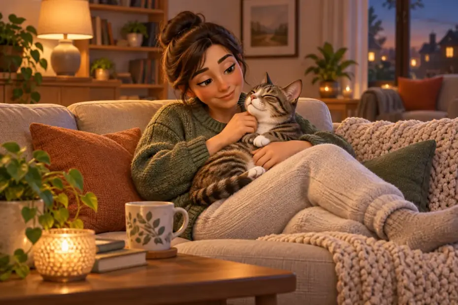 An adult relaxes on a sofa while gently cuddling a tabby cat.