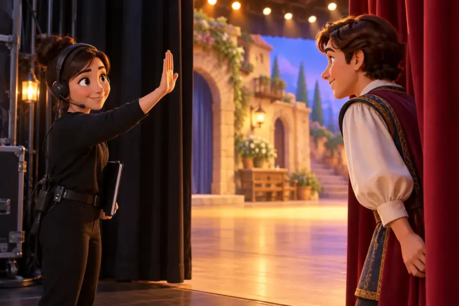 A stage manager signals a performer when it is time to enter.