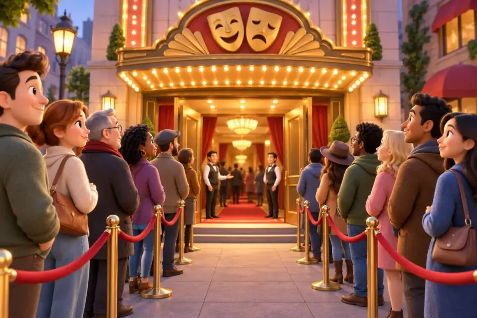 People wait in two orderly lines outside a theater.