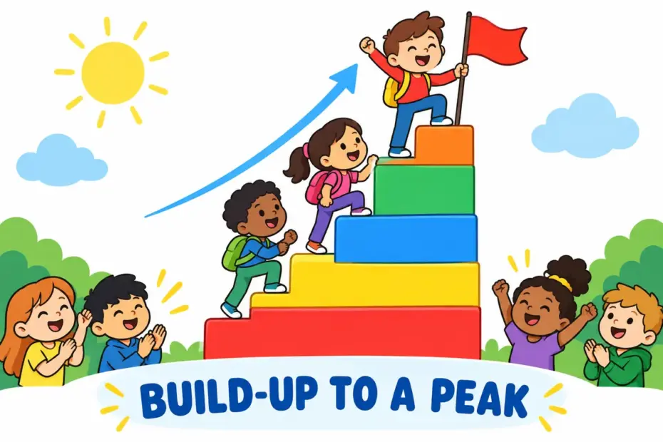 Cartoon pupils climb a tall stair of blocks toward a flag, showing culminate in a sentence as a build-up reaching its peak.