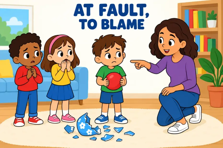 Cartoon children point out who is culpable for a broken vase, illustrating culpable in a sentence as deserving blame.