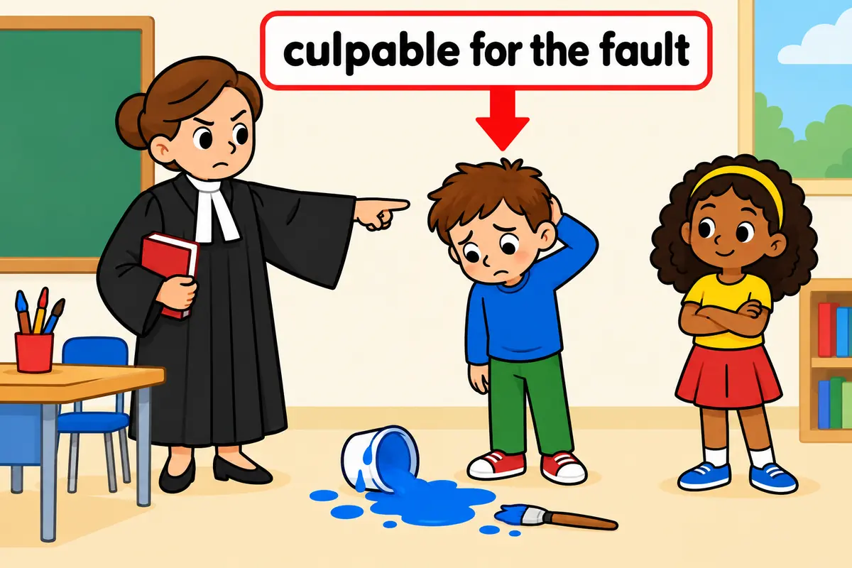 A cartoon judge points to one clearly at-fault child while a merely nearby child stands apart.