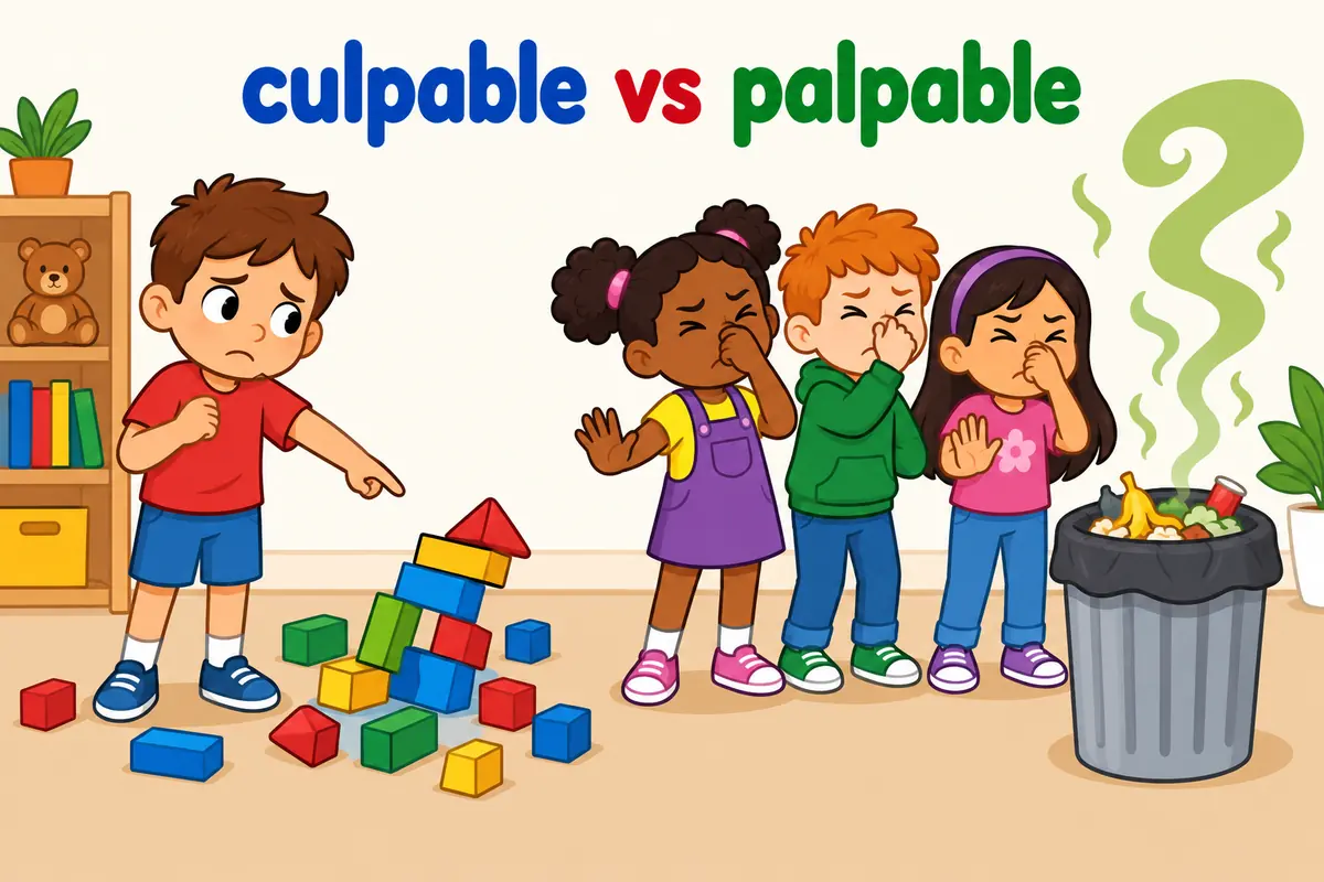 A single cartoon scene contrasts a blameworthy child being identified with a plainly obvious, visible feeling.