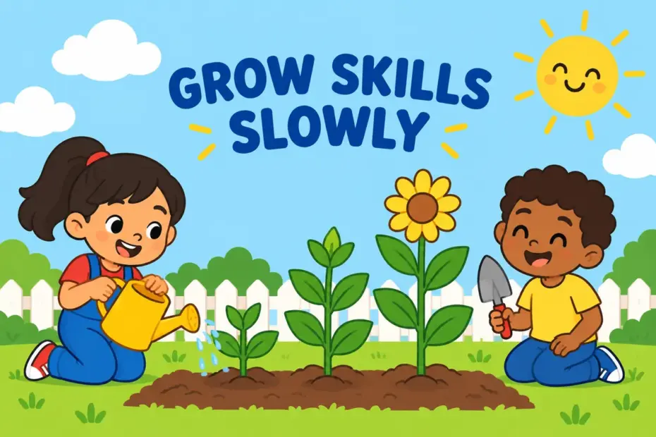 Cartoon children water three tall plants in a garden bed, showing cultivate in a sentence as patient growth over time.