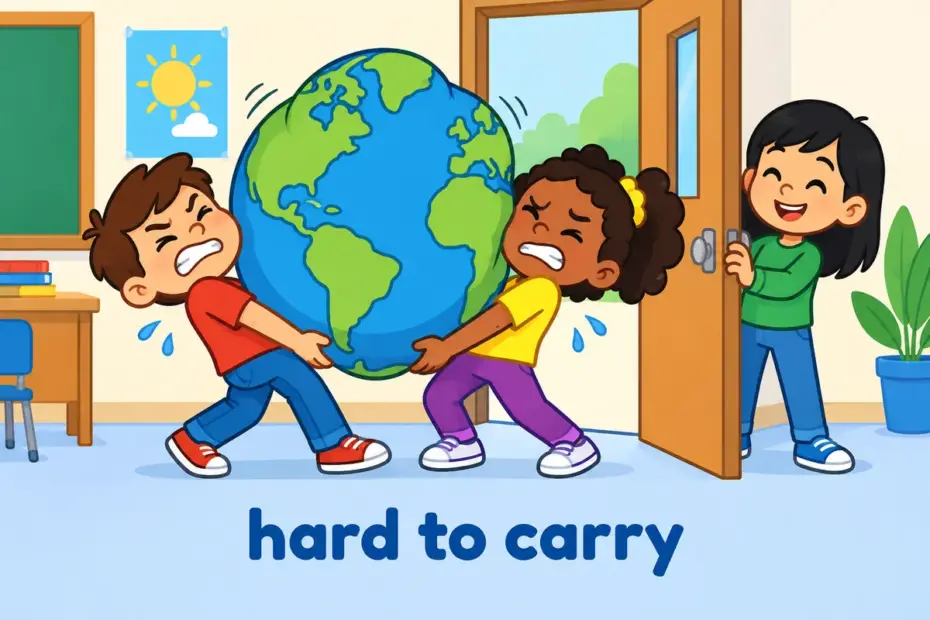 Cartoon pupils struggle to move a wide classroom globe, showing cumbersome in a sentence as awkward bulk.