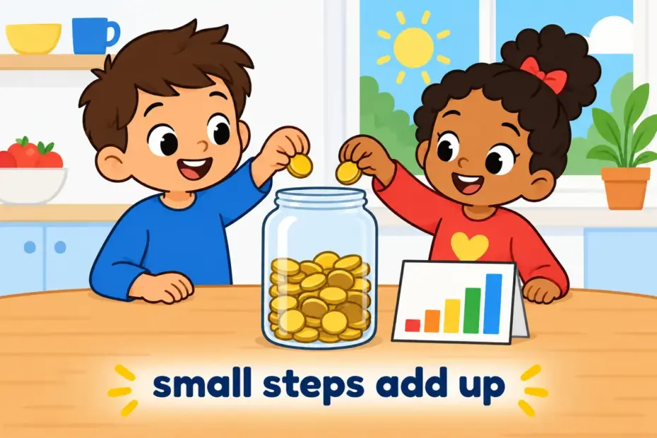 Cartoon children add coins to a growing stack one at a time, showing cumulative in a sentence as amount that builds up
